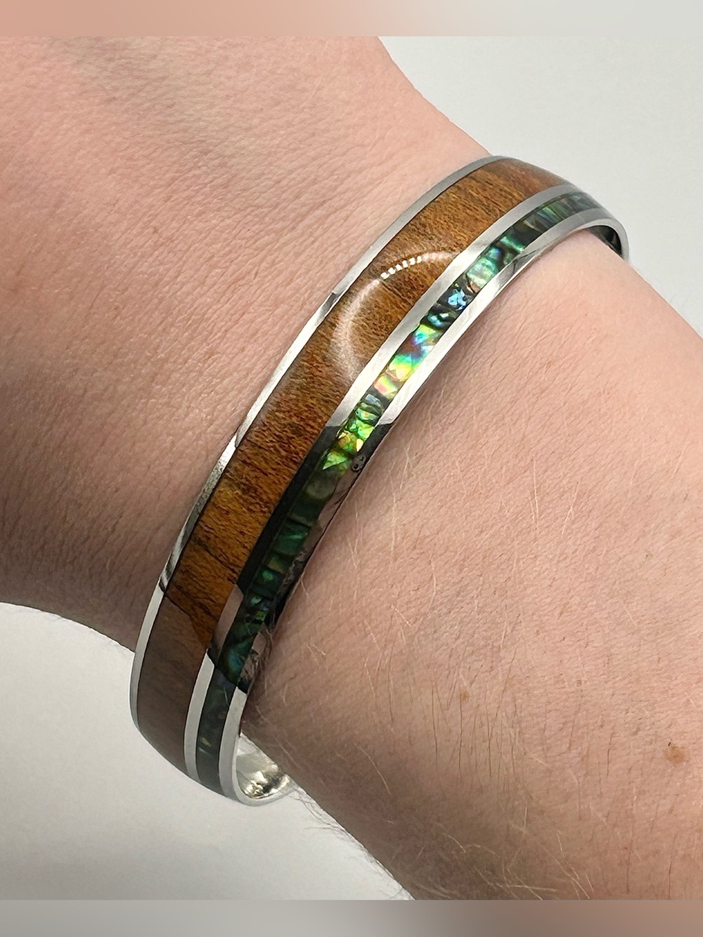 Koa Wood & Abalone Inlay Bangle Bracelet, Brown & Iridescent Green, Size 8, NWT